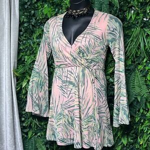 Polly & Esther Dress Large Pink Green Palm Leaf Print Wrap Mini Bell Sleeve 3482